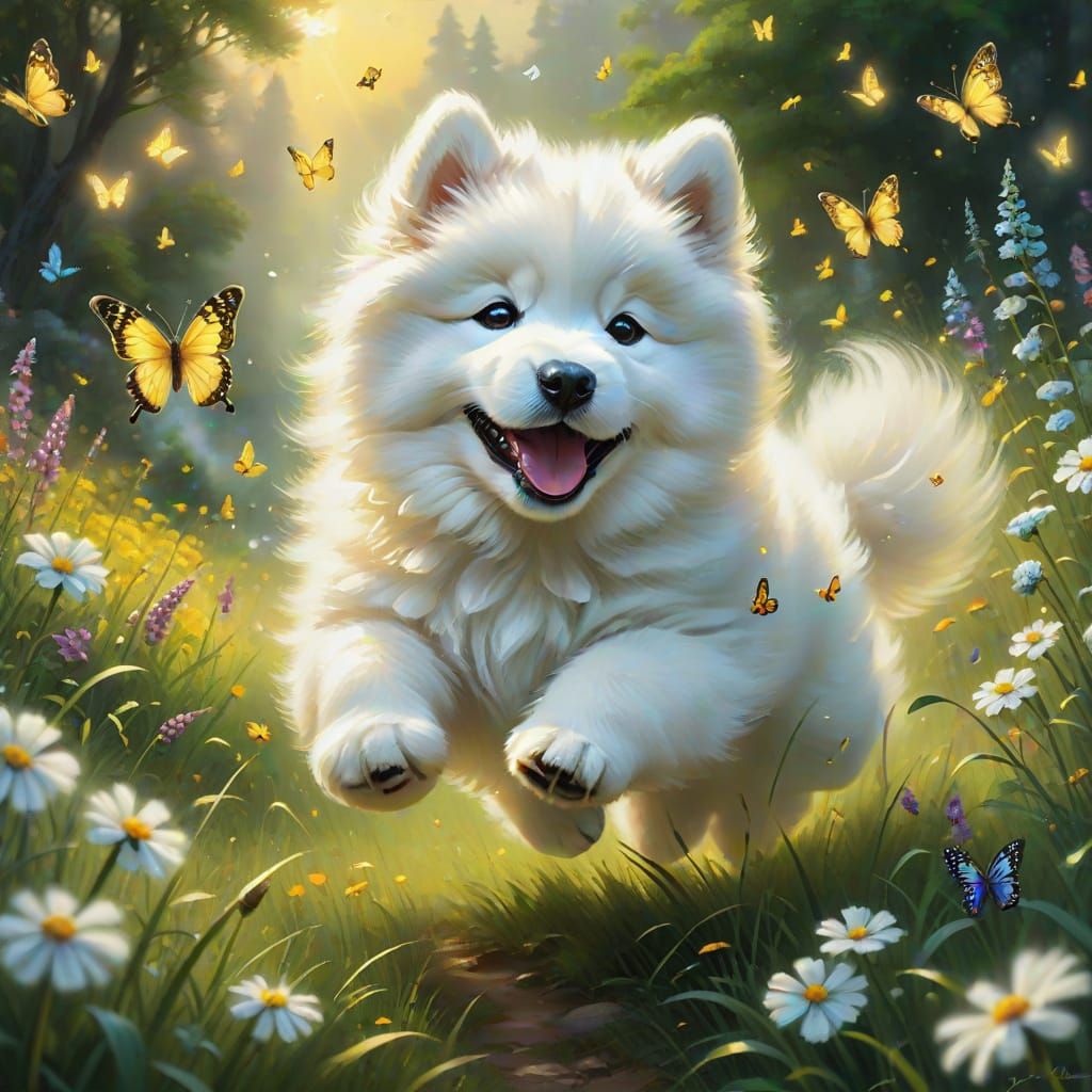 Samoyed Puppy in Whimsical Fantasy Landscapes