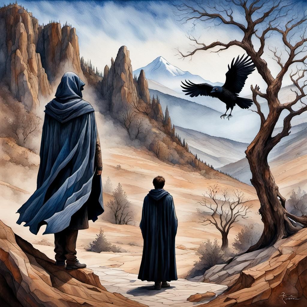 Pyrography Art of Woman and Man in Landscape