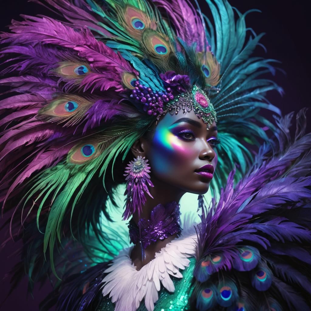 Rainbow Woman with Peacock Hair: 3D Digital Art