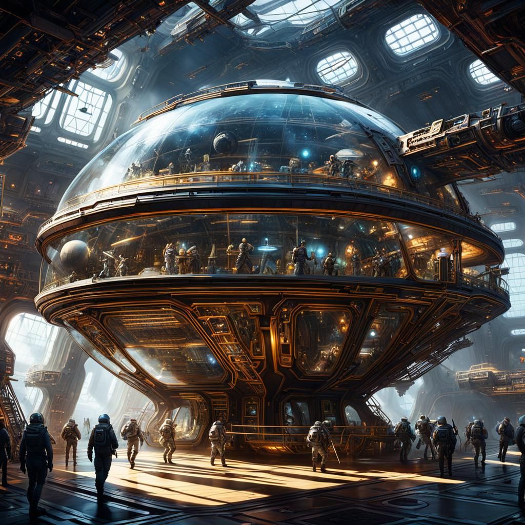 Interstellar Spaceship Scene with Steampunk Engine