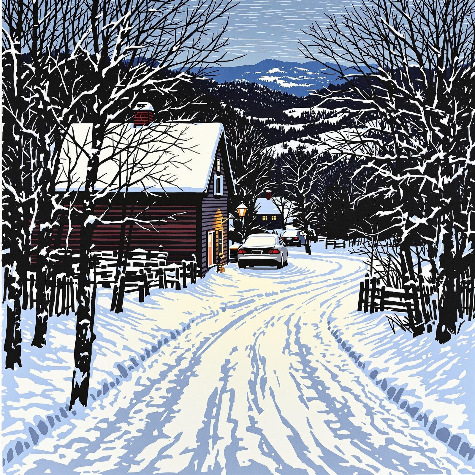 Vermont Snowy Day in Woodcut Style