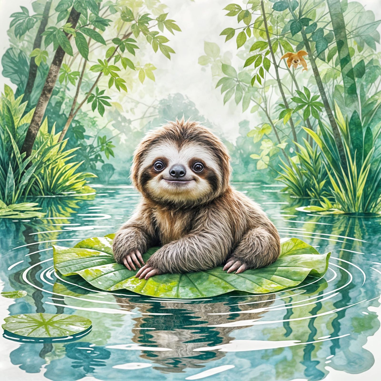 Cute Baby Sloth Floats on Leaf in Watercolor Jungle Pond