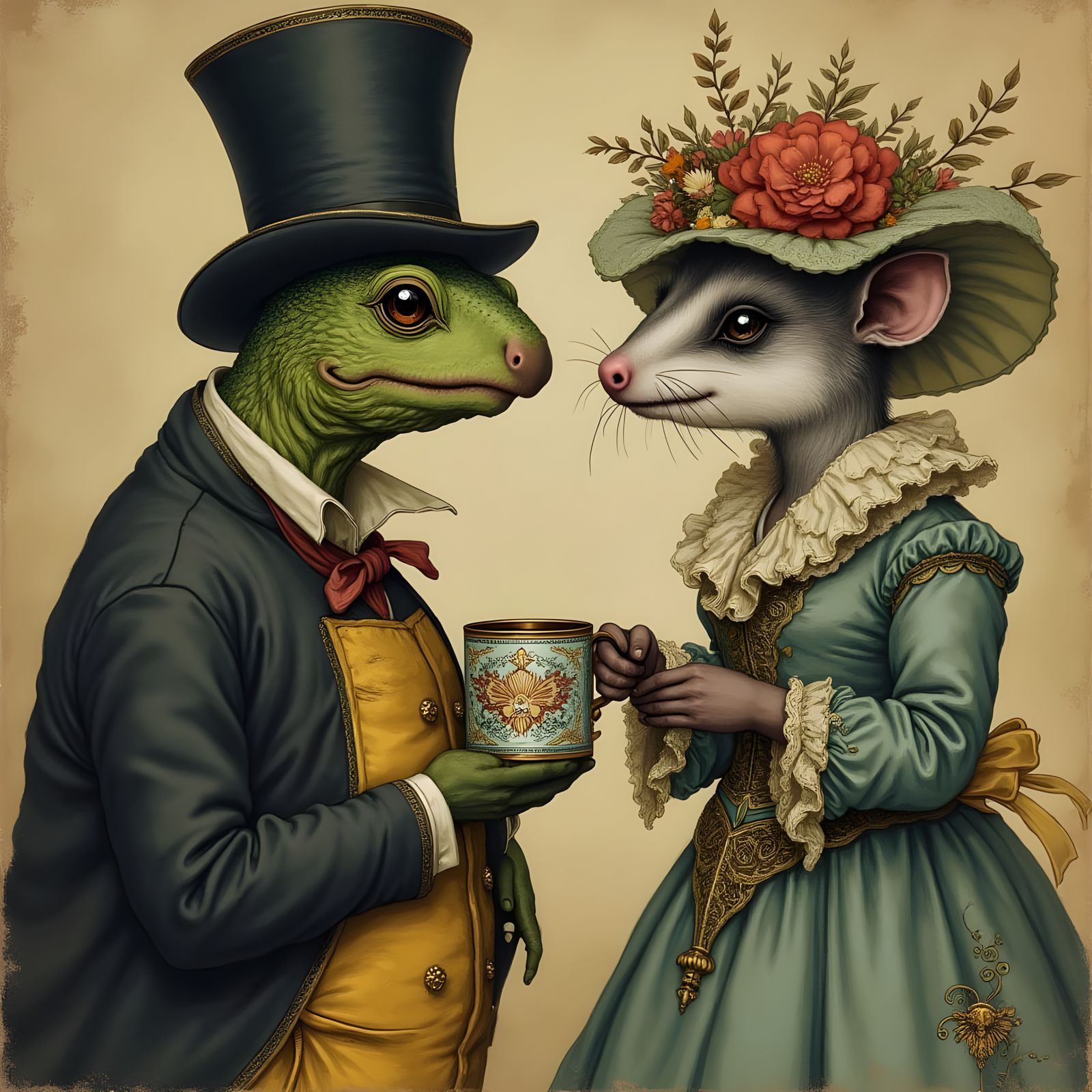Anthropomorphic Turtle Chatting With Victorian Possum