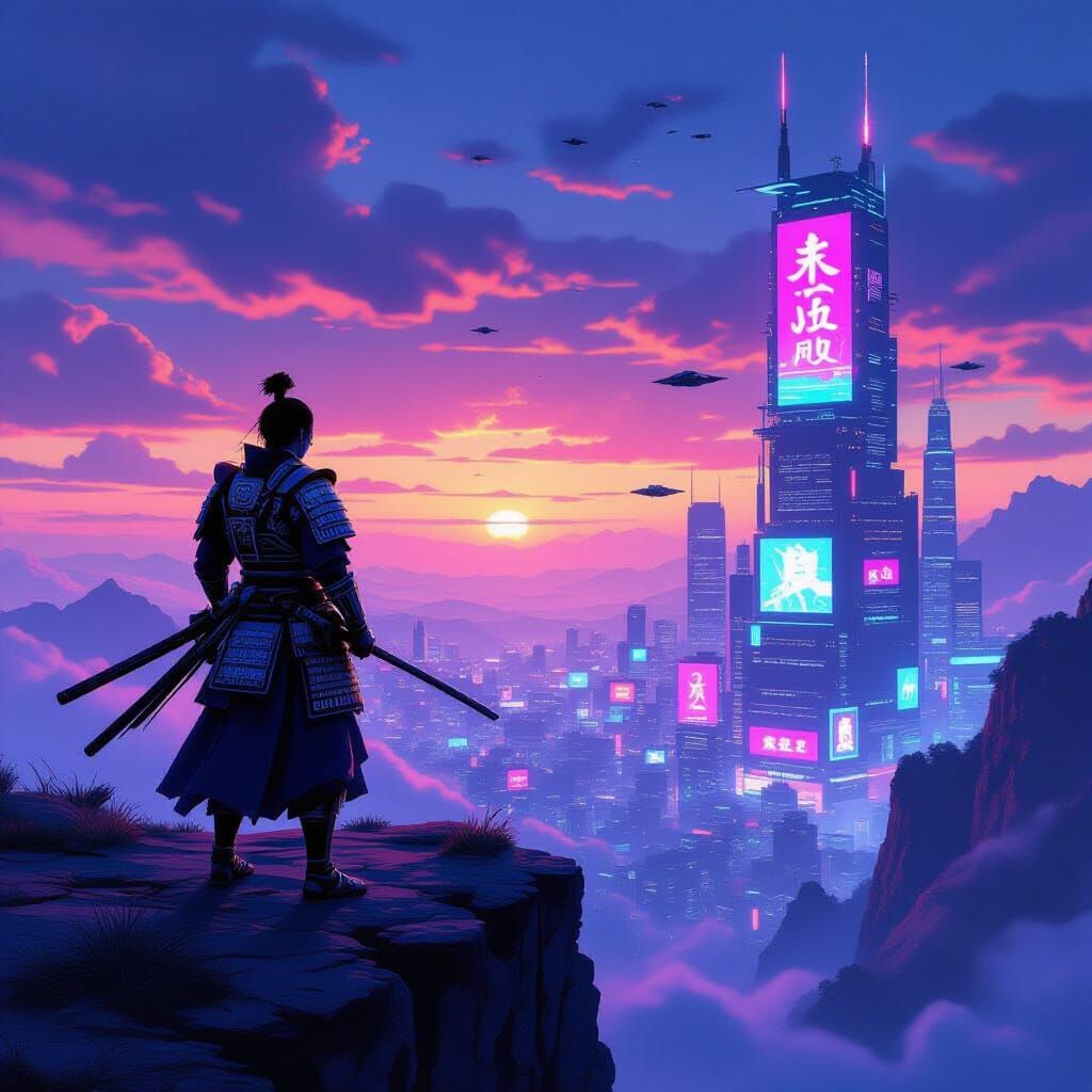 Samurai Overlooking Neon Cityscape in Vaporwave Style