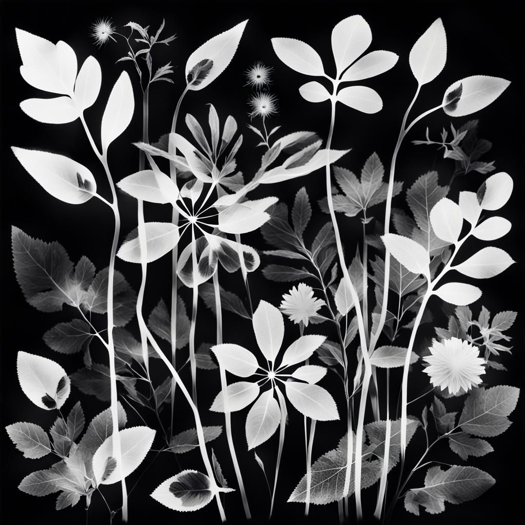 Abstract Black and White Photogram of Layered Flora