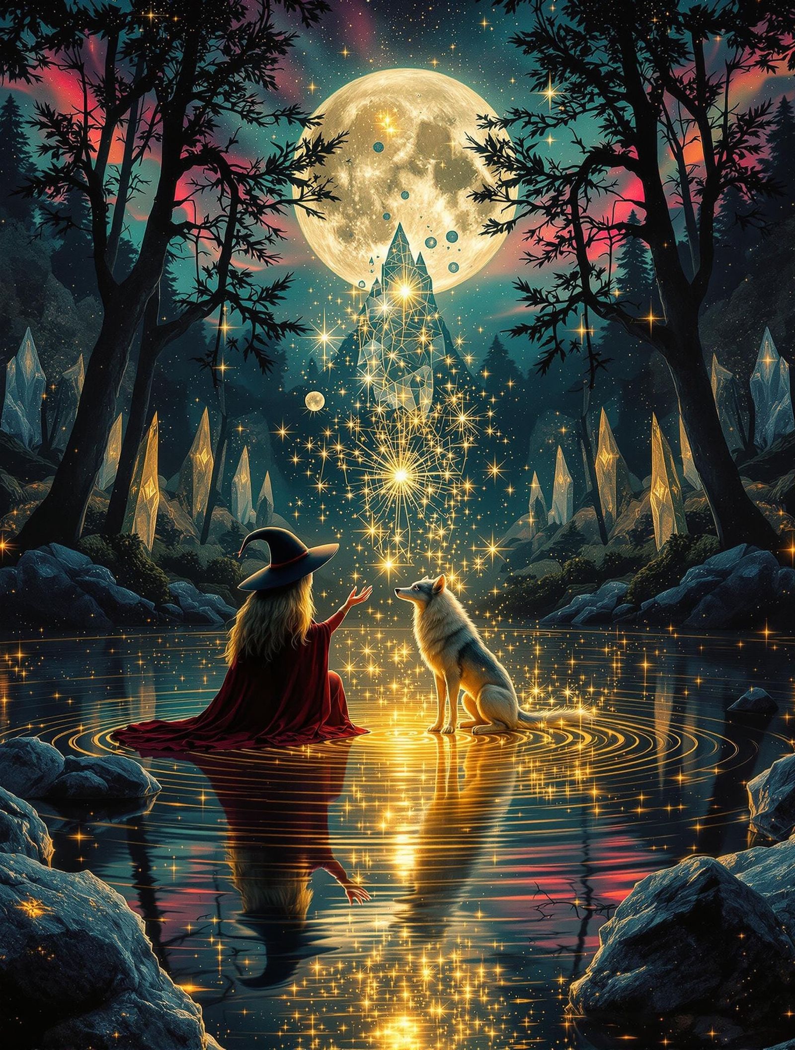 Surreal Moonlit Forest Goddess Revealed through Cosmic Refle...