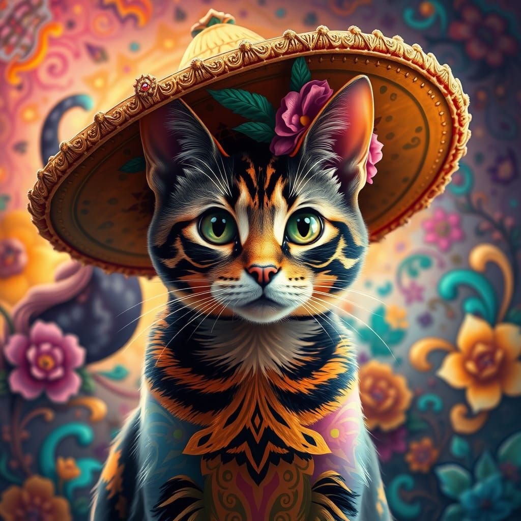 Cat in Sombrero: Ornate Art Nouveau Portrait