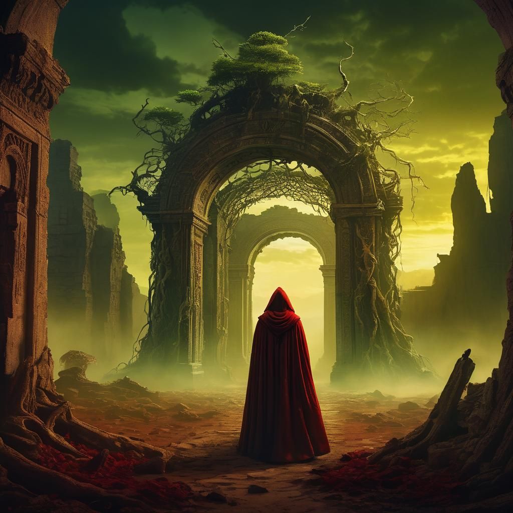 Eerie Figure Under Root Archway With Skull Mask