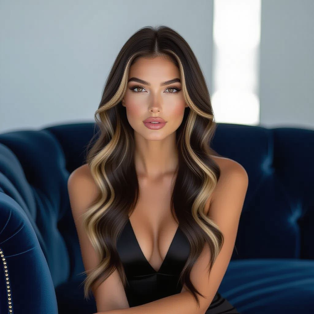 Fashion Model Posing on Velvet Sofa in Vogue Style