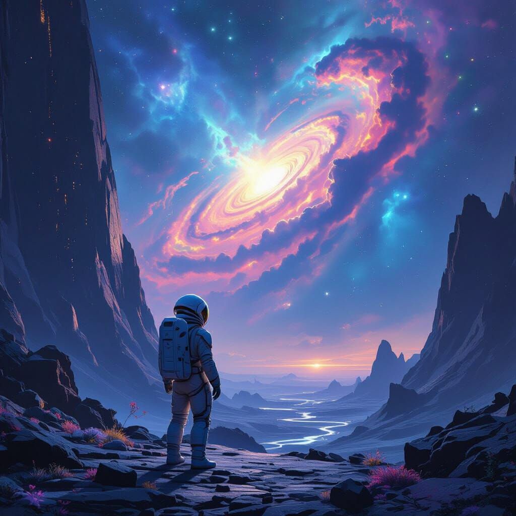 Astronaut Gazes at Nebula on Alien Planet