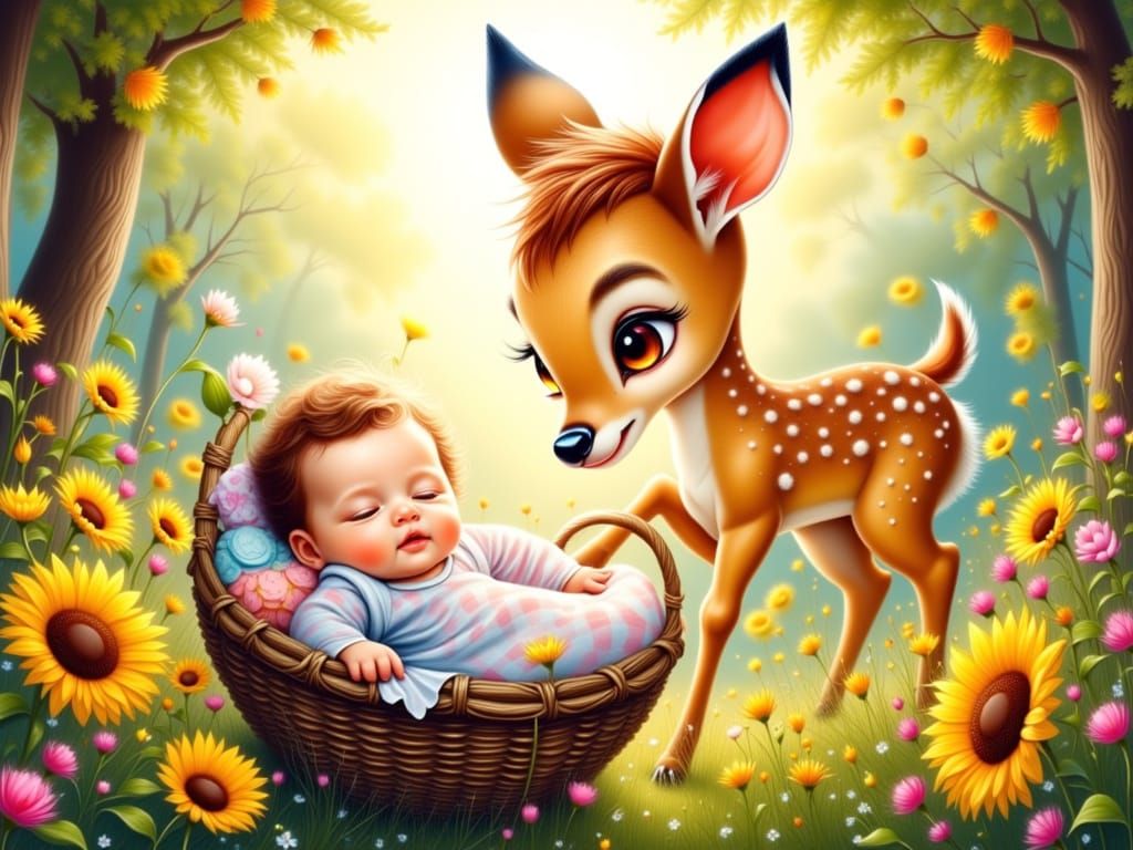 A bambi find a sleeping baby in a basket