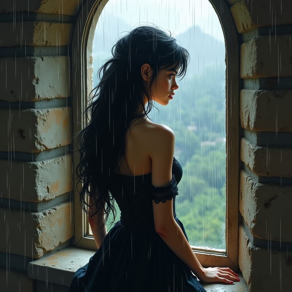 Gothic Woman in Castle Window, Hyperdetailed Realism
