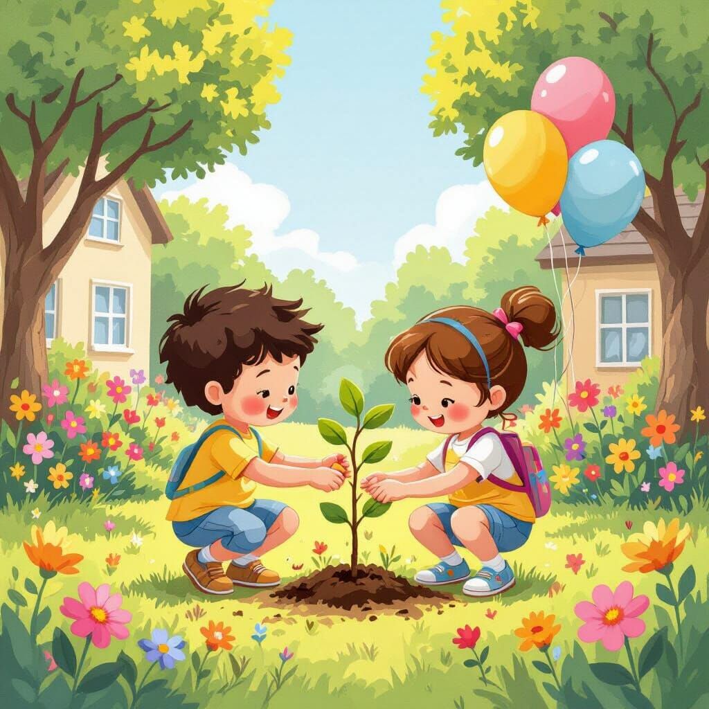 Children Plant Friendship Tree in Whimsical Cartoon Style