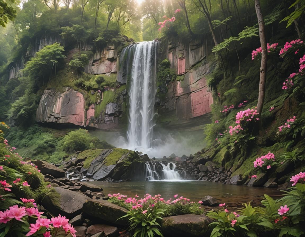 Lush Waterfall Landscape in Mandy Lea Style