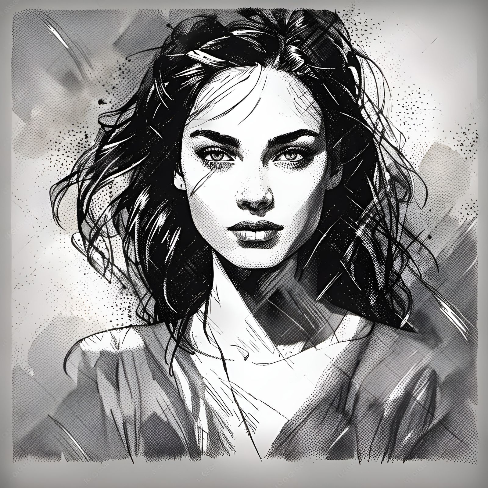 Beautiful Girl, Black and White Lithography Portrait