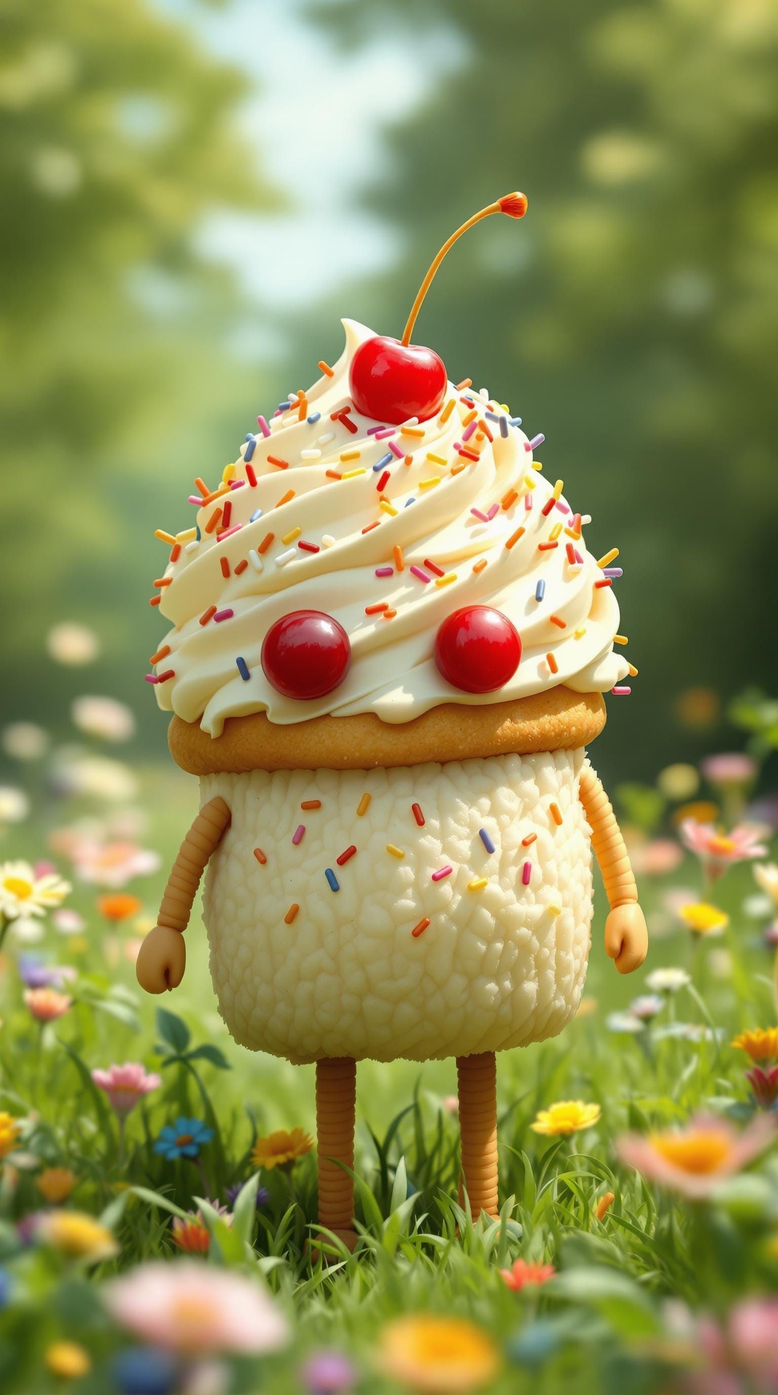 Cupcake Character in Meadow, Children's Book Illustration