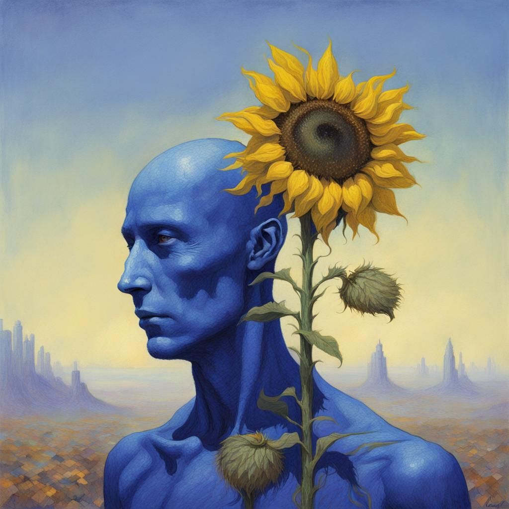 Blue Man with Sunflower in Surreal Painterly Style