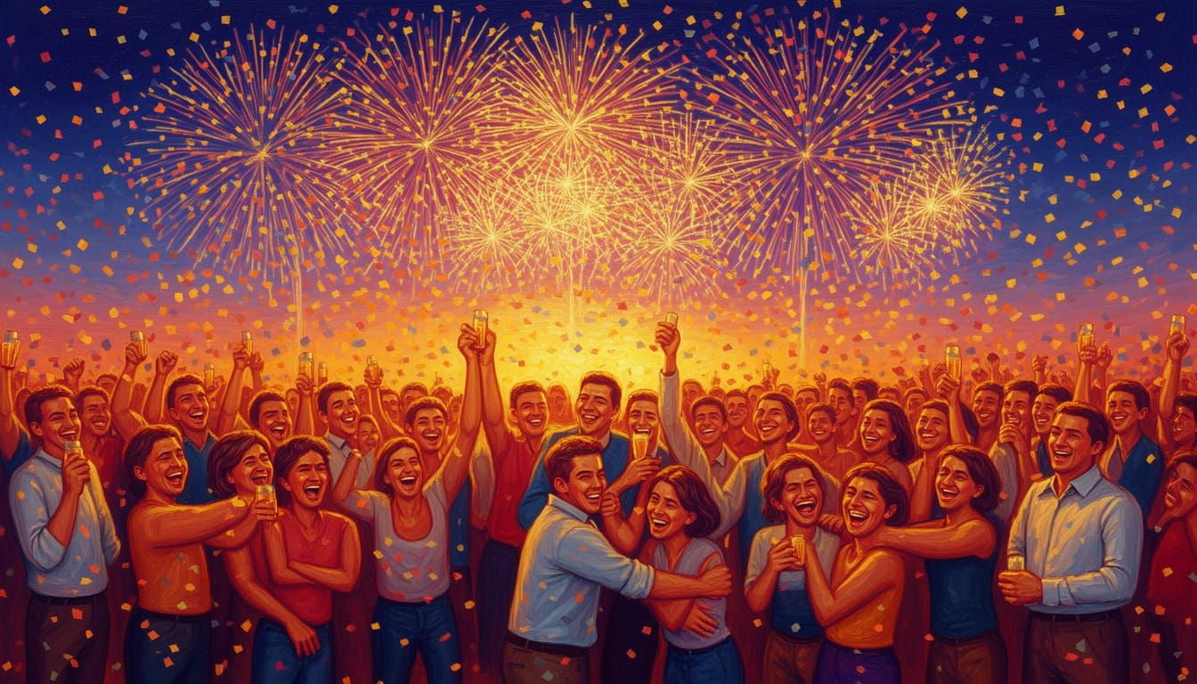 Joyous New Year's Eve Celebration with Fireworks and Confett...
