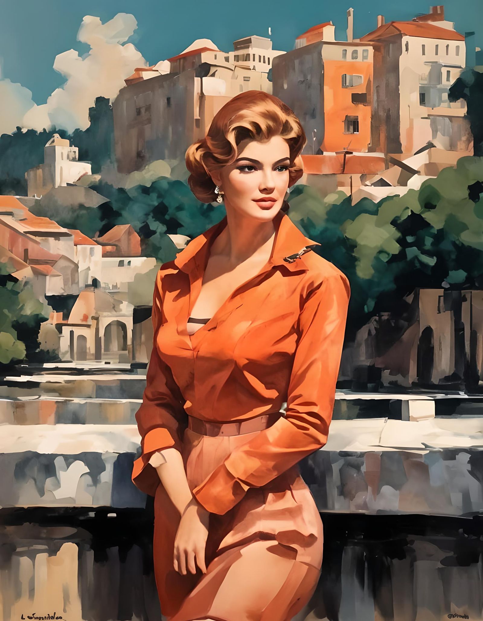 Impressionist Portrait of Redhead in Italian Village