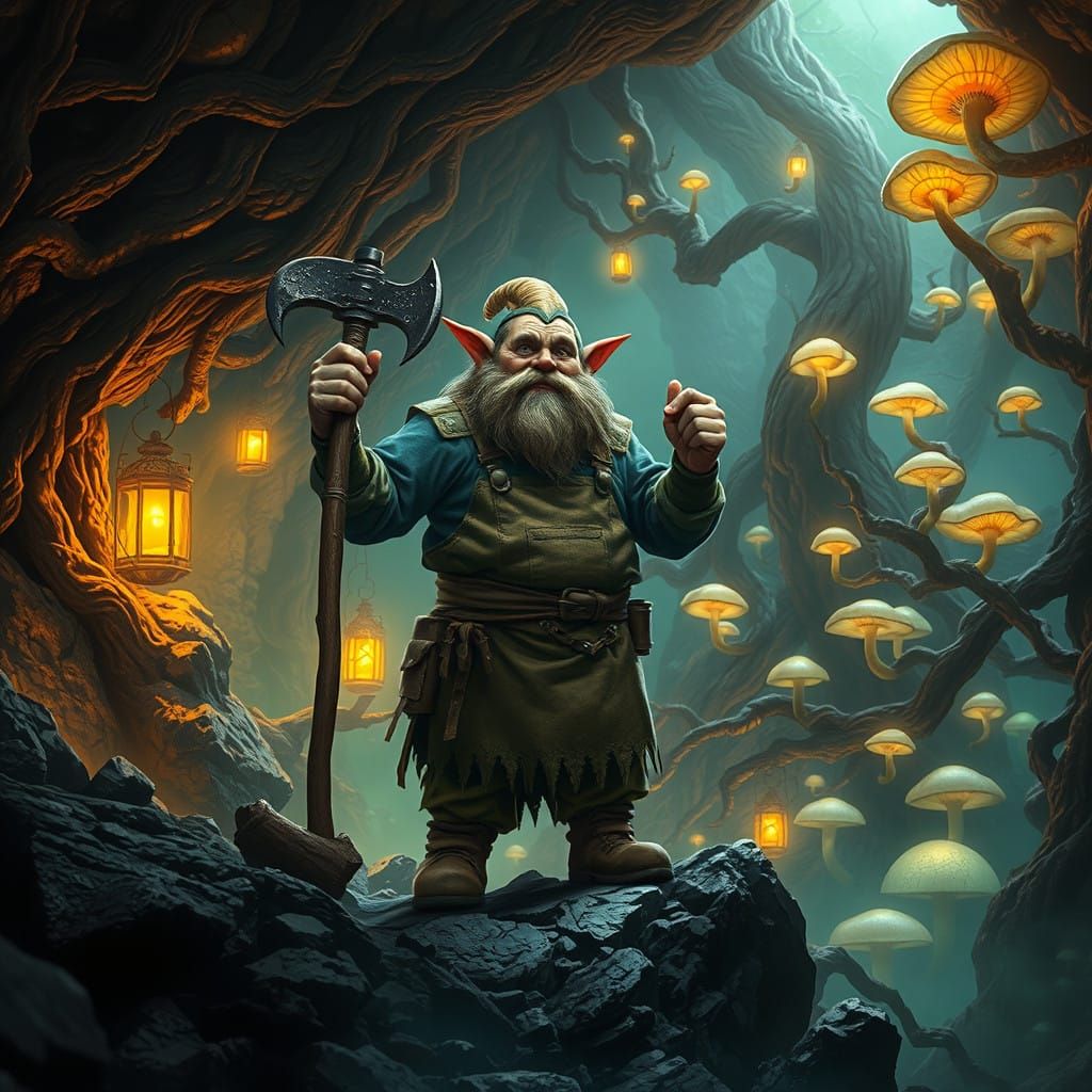 Mystical Coal Miner in Glimmering Cavern