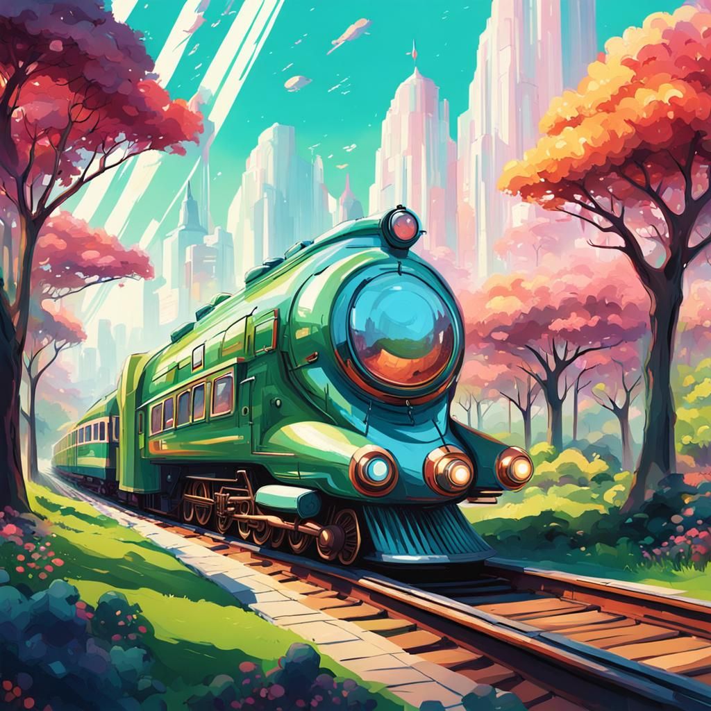 Futuristic Chromepunk Train Journey Through Lush Park