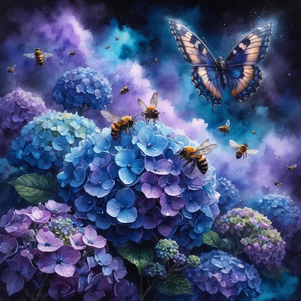 Lavender and Blue Hydrangea Bush in Watercolor