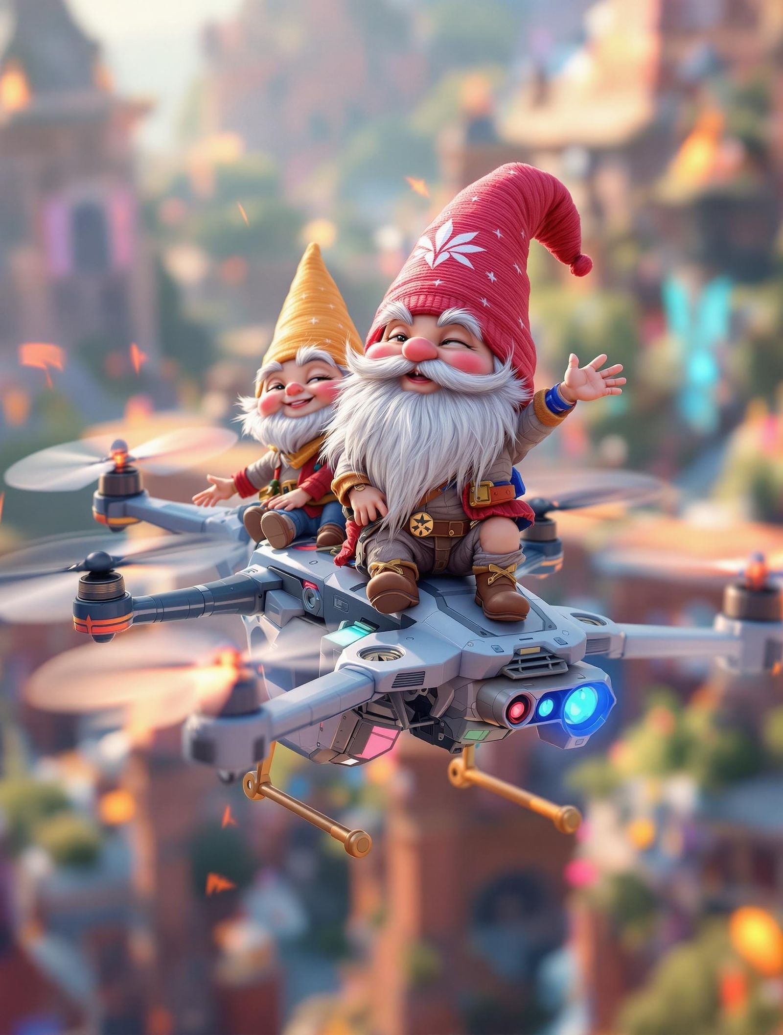 Chibi Gnomes Soar on Futuristic Flying Drone in Vibrant Colo...