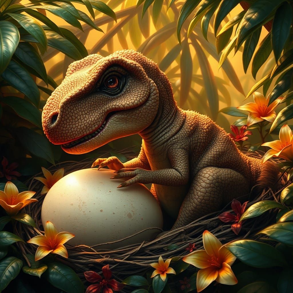 Baby T-Rex Embracing Egg in Lush Jungle Nest