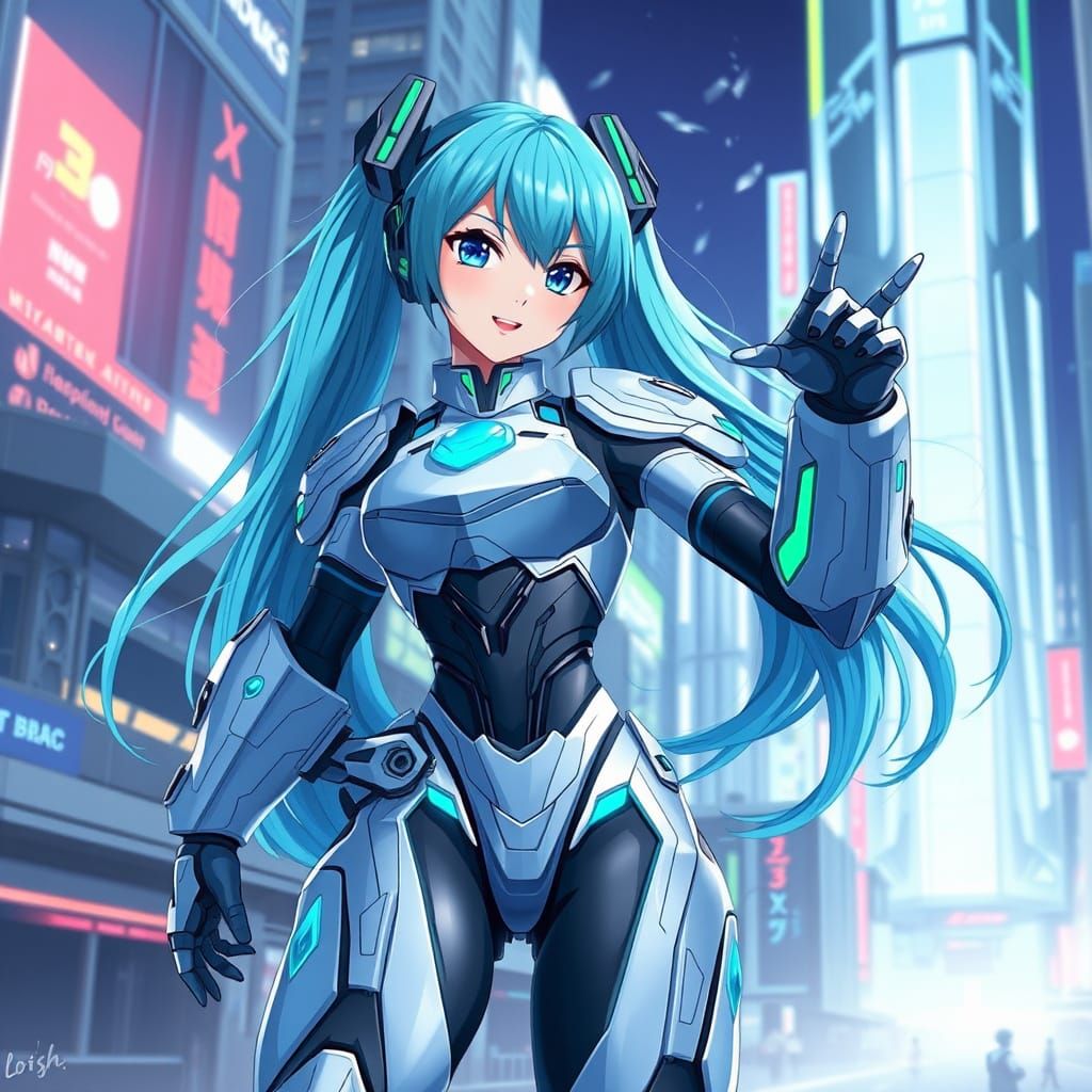 Hatsune Miku as MegaMan in Futuristic Cityscape