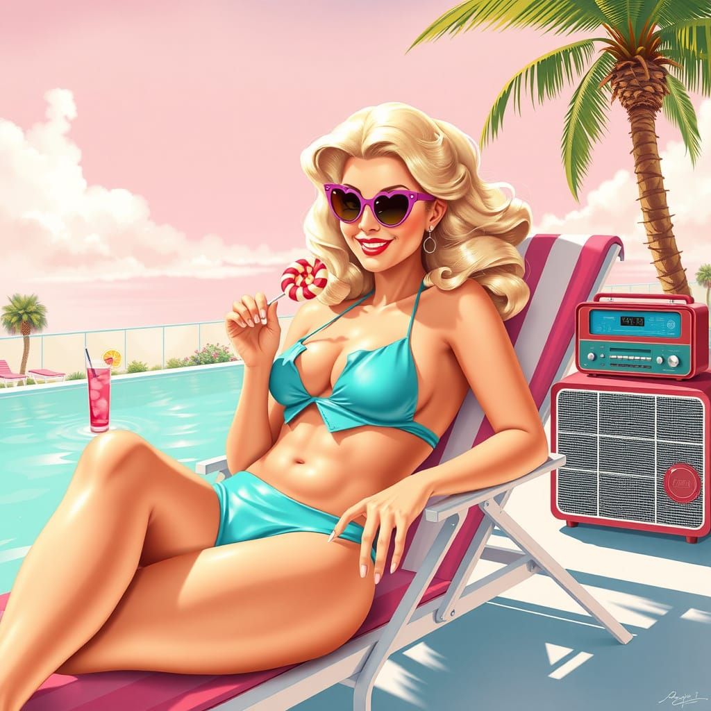 Retro Blonde Woman Lounging Poolside in Pop-Surrealist Style