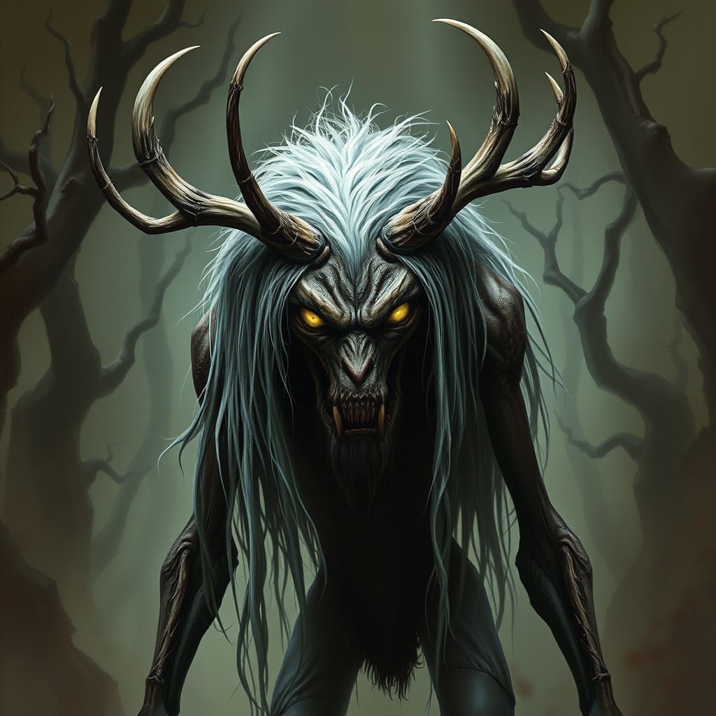 Gothic Horror Wendigo in Dark, Haunting Forest