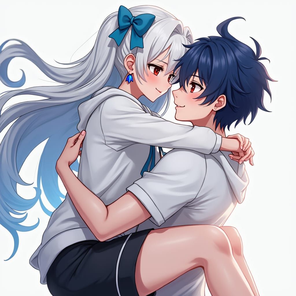 Anime Woman with White Hair Hugs Blue-Haired Man