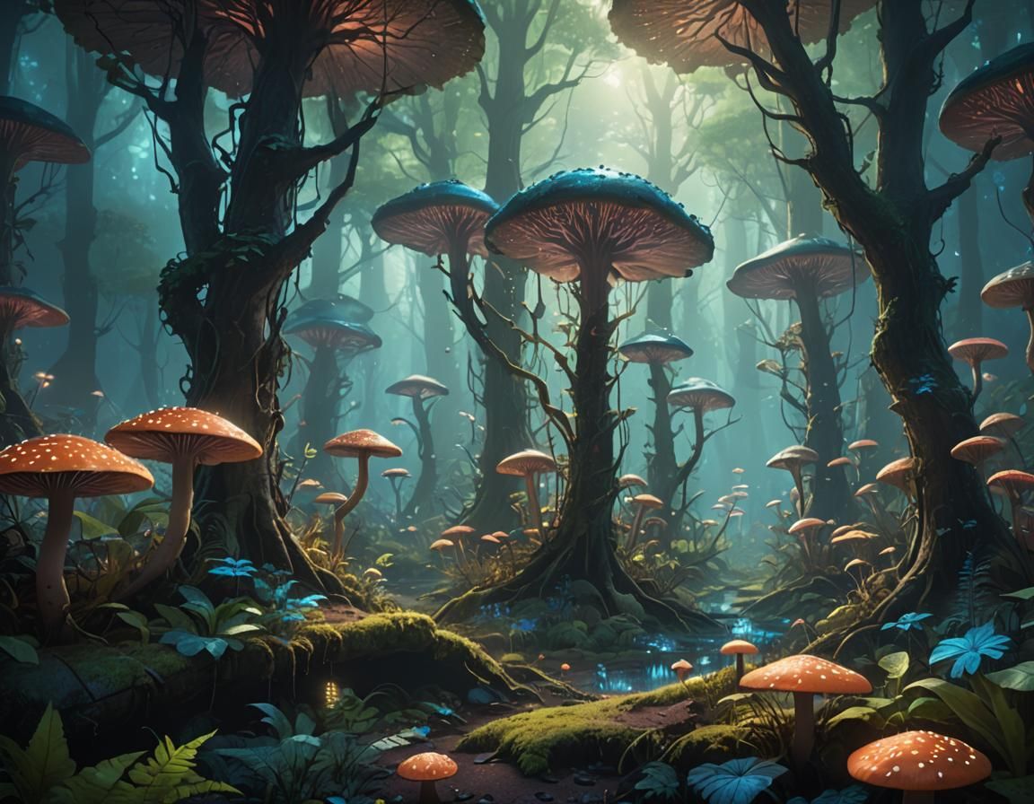 Glowing Fluorescent Plants in Fantasy Forest