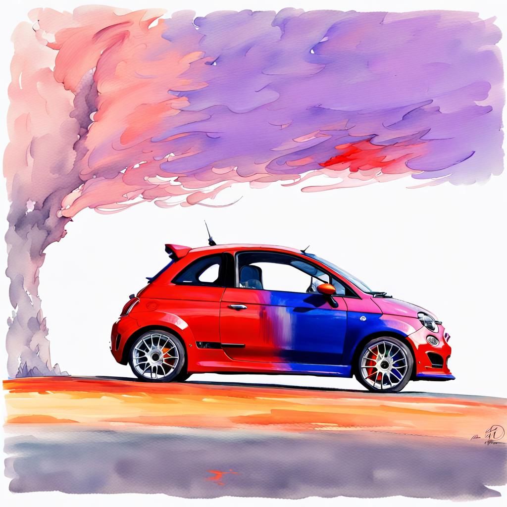 Fiat 500 Abarth Races Ford Fiesta: Gouache Style