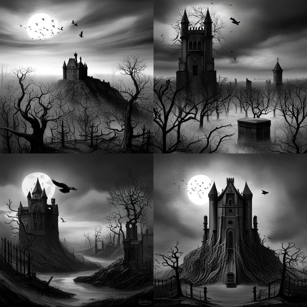 Ravens Fly Over Dark Castle: Gothic Horror Scene