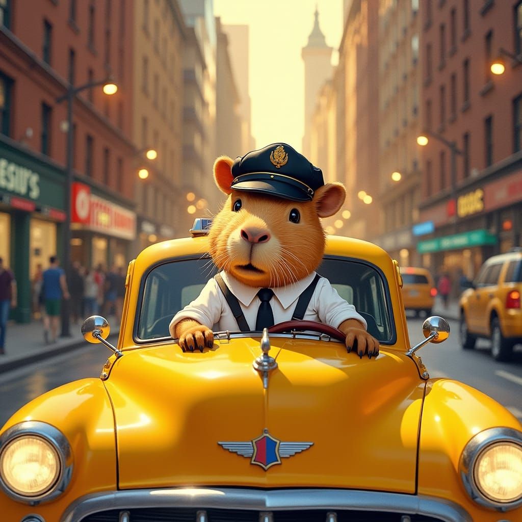 Capybara Taxi Driver in Dreamlike Cityscape