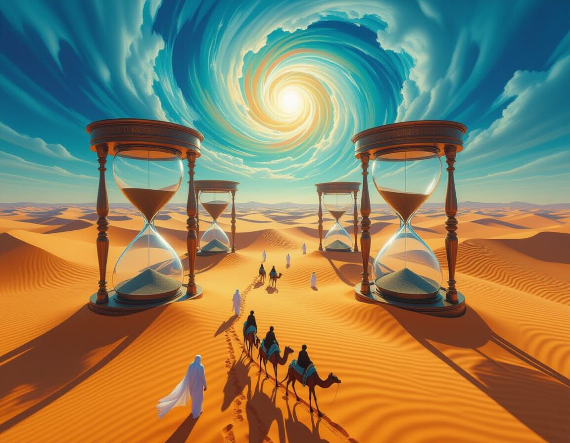 Surreal Desert Landscape with Hourglasses and Nomads