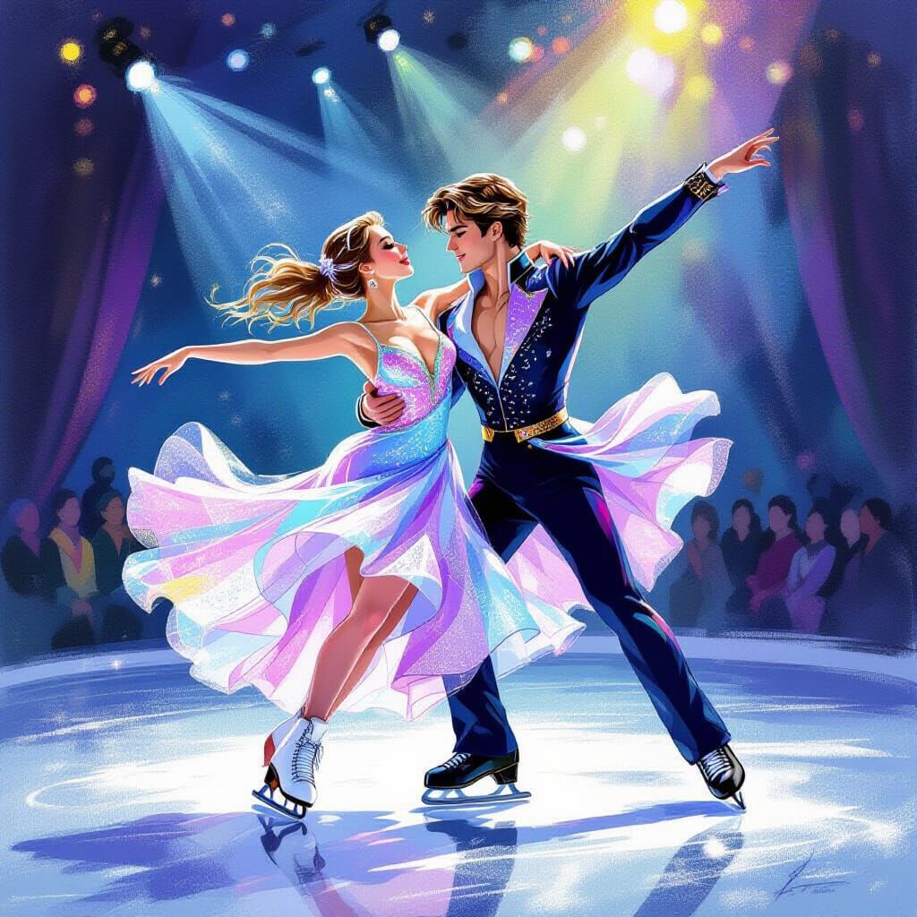 Chalk Art Ice Skaters in Death Spiral