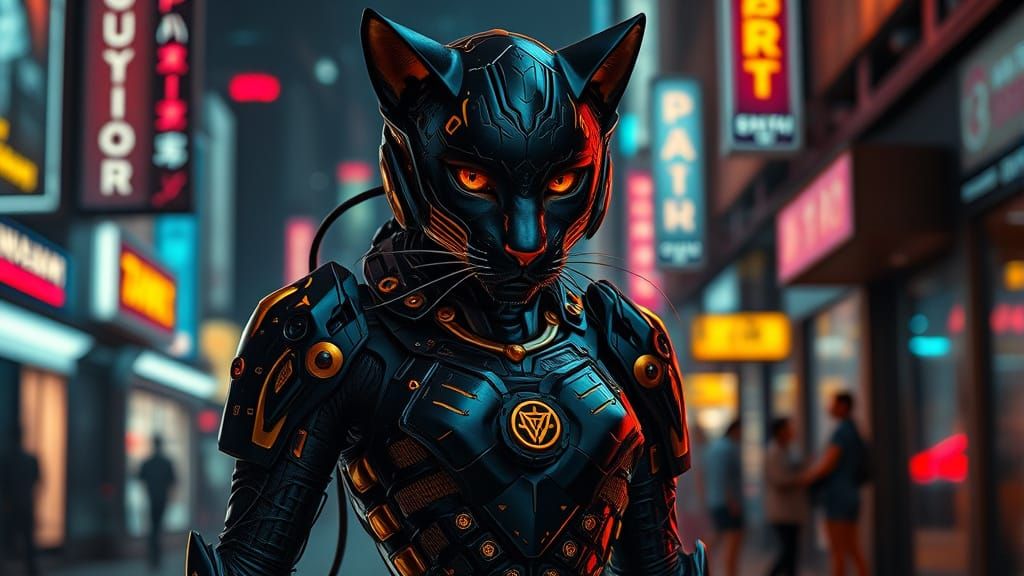 Cybernetic Feline Goddess in Futuristic Metropolis
