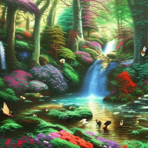 Enchanted Forest Waterfall Scene in Oil Painting Style