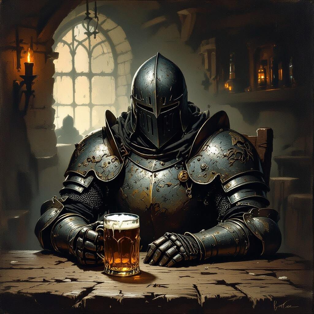Knight in Dim Tavern, Gritty Realistic Style