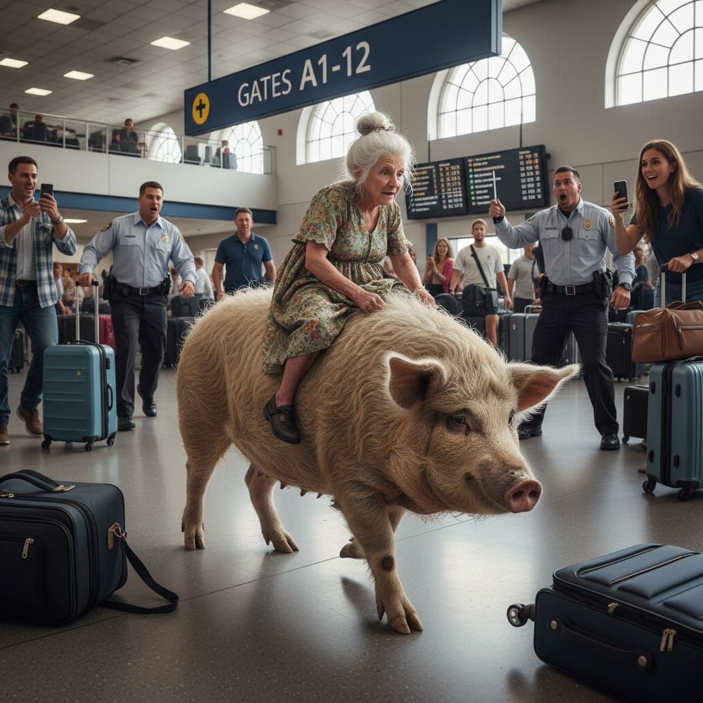 Elderly Woman Rides Fluffy Pig Through Airport