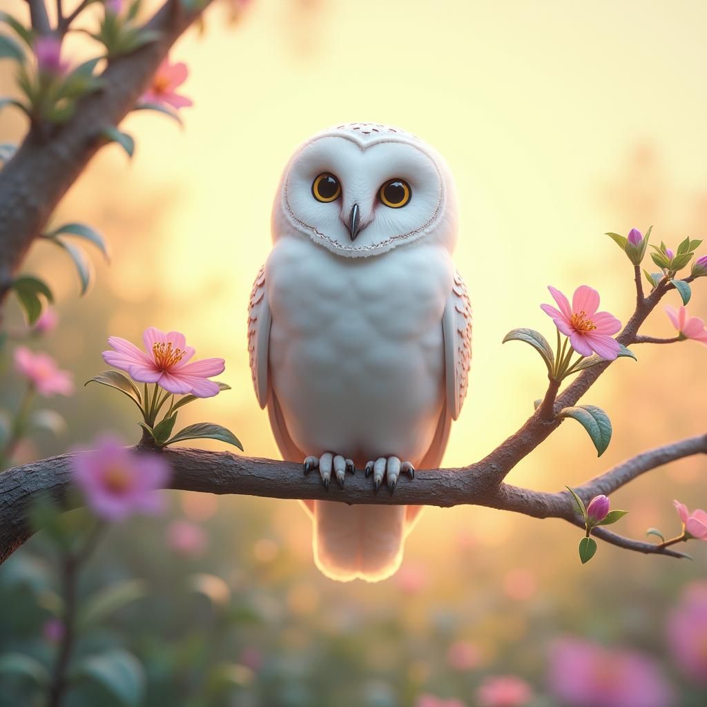 White Owl on Summer Branch: Fantastical Concept Art