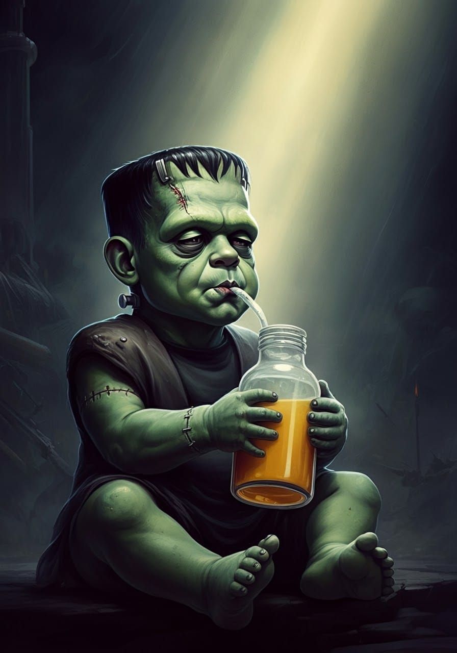 Frankenstein Baby in Laboratory, Dark Fantasy Art
