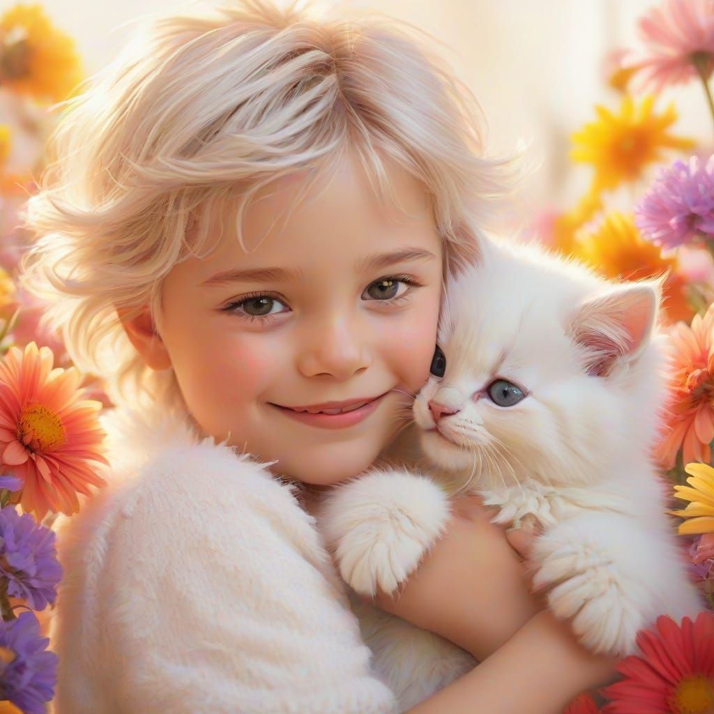 Joyful Whimsical Cartoon Art of a Child and Kitten