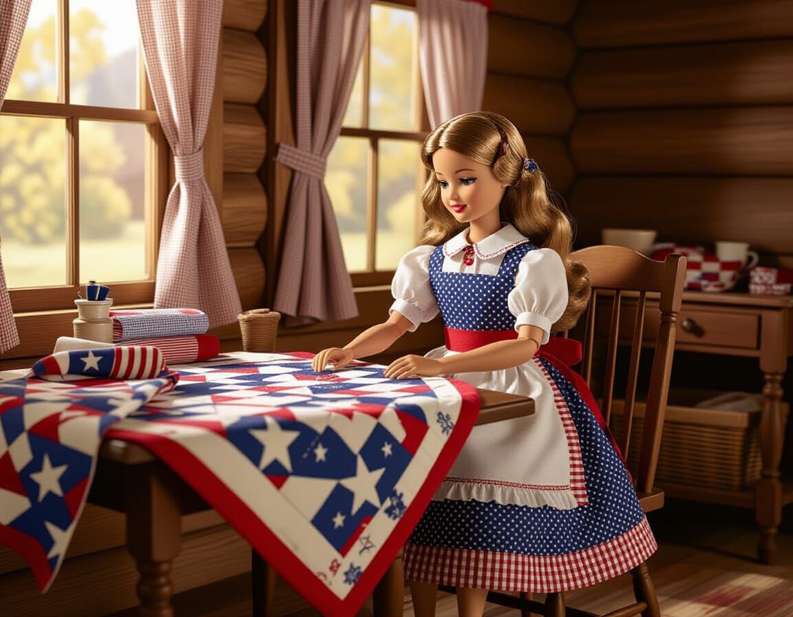 Barbie Doll Crafts Patriotic Quilt in Cabin