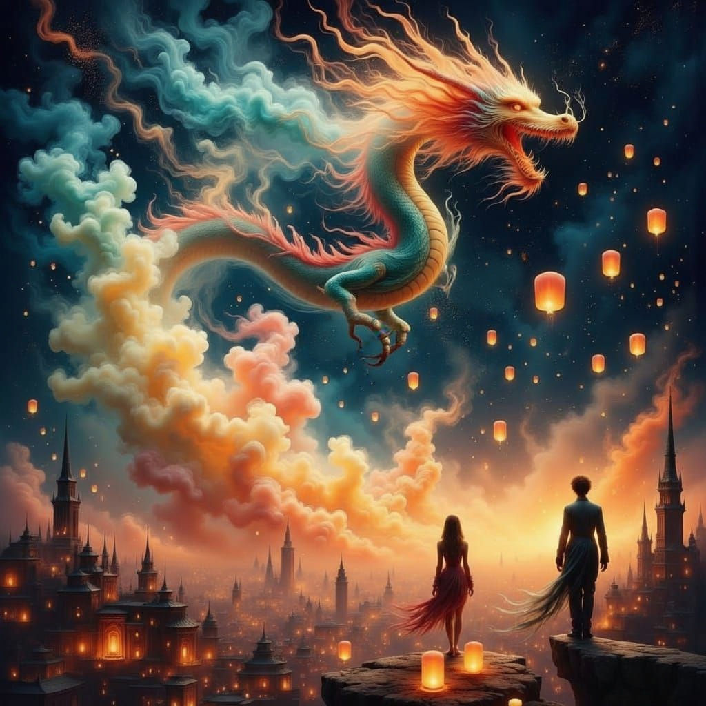 Dragon of Smoke and Lanterns Over 1900s City