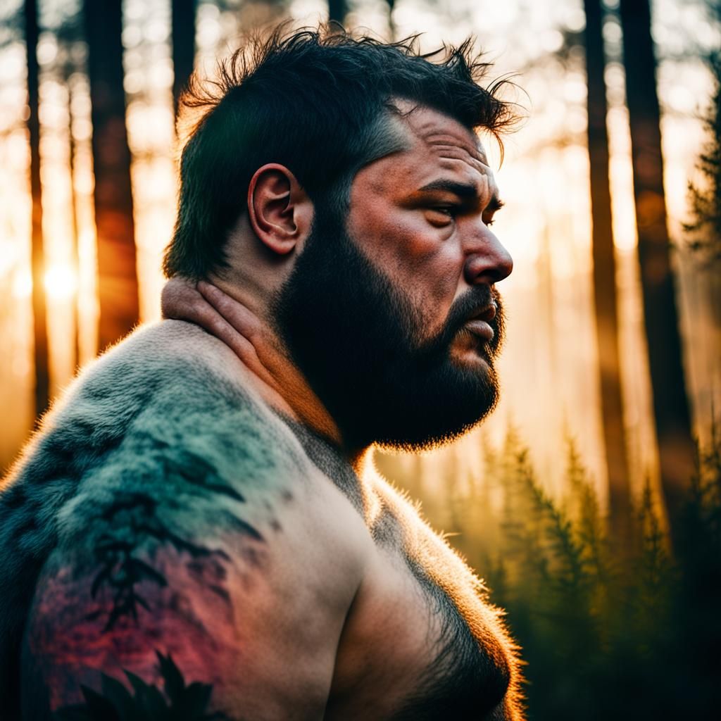 Double Exposure Portrait: Man, Bear, Sunset