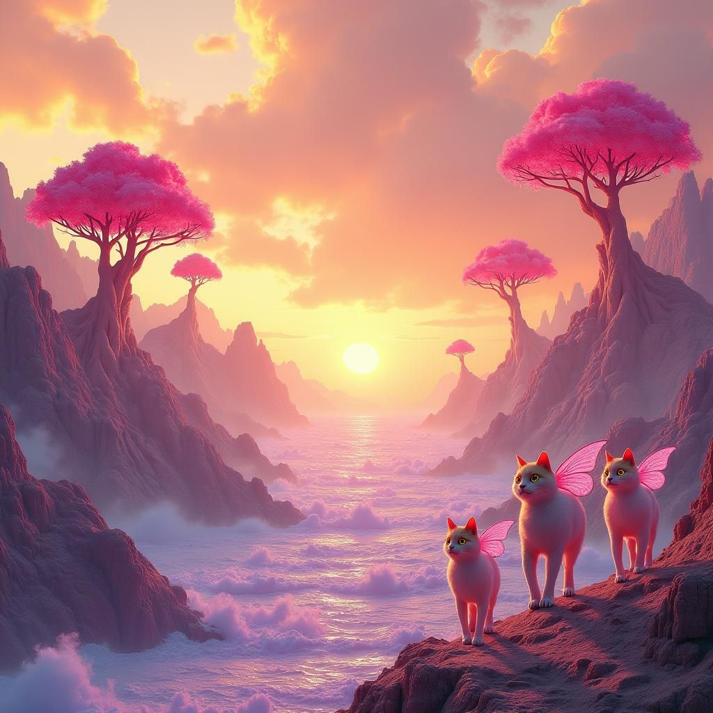 Surreal Earth Landscape with Gigantic Cats and Winged Women