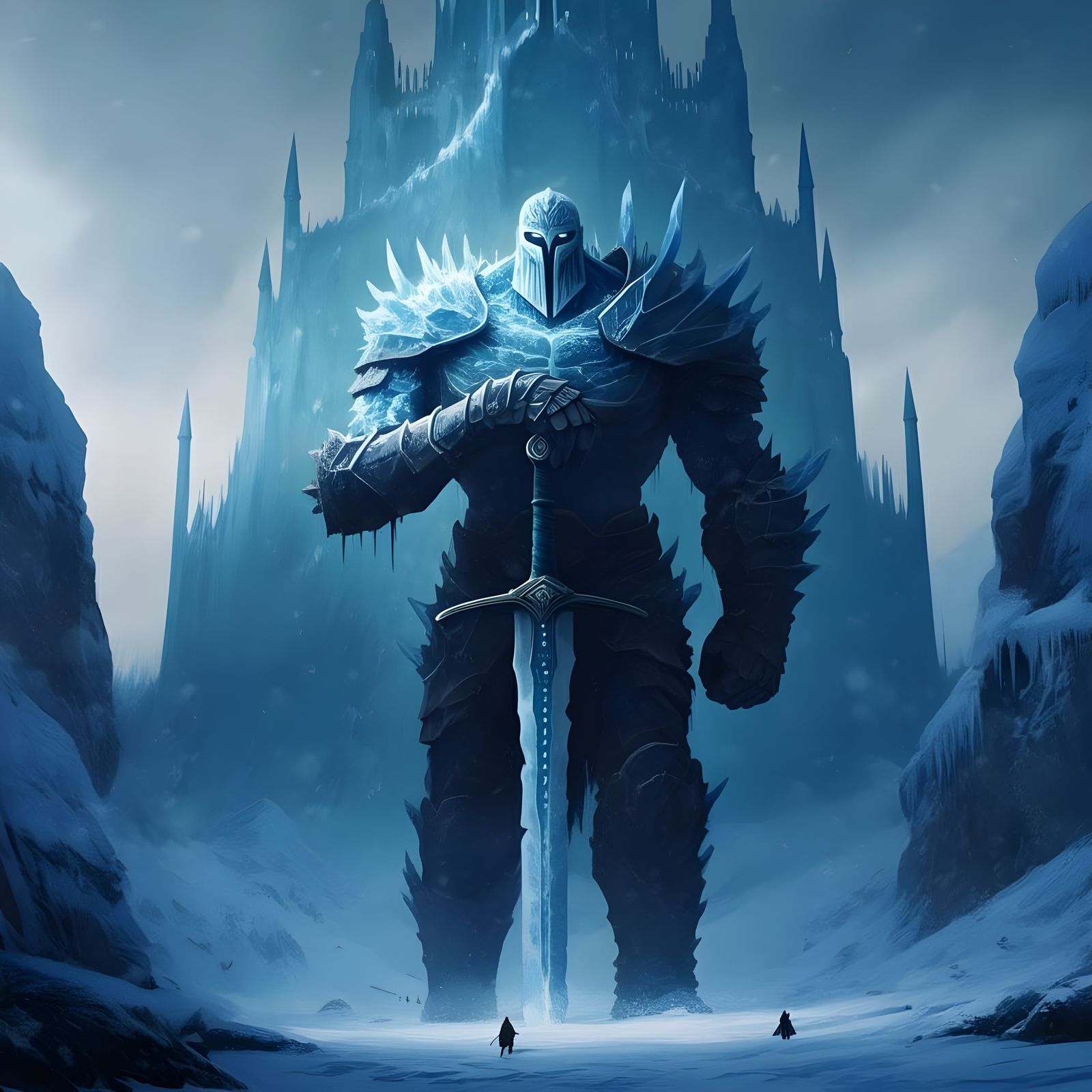 Gigantic Ice Titan Guards Glowing Castle in Icy Landscape